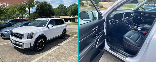 side-by-side images of the exterior and interior of a white 2024 Kia Telluride S SUV
