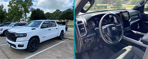 side-by-side images of the exterior and interior of a 2025 white Dodge RAM 1500 truck