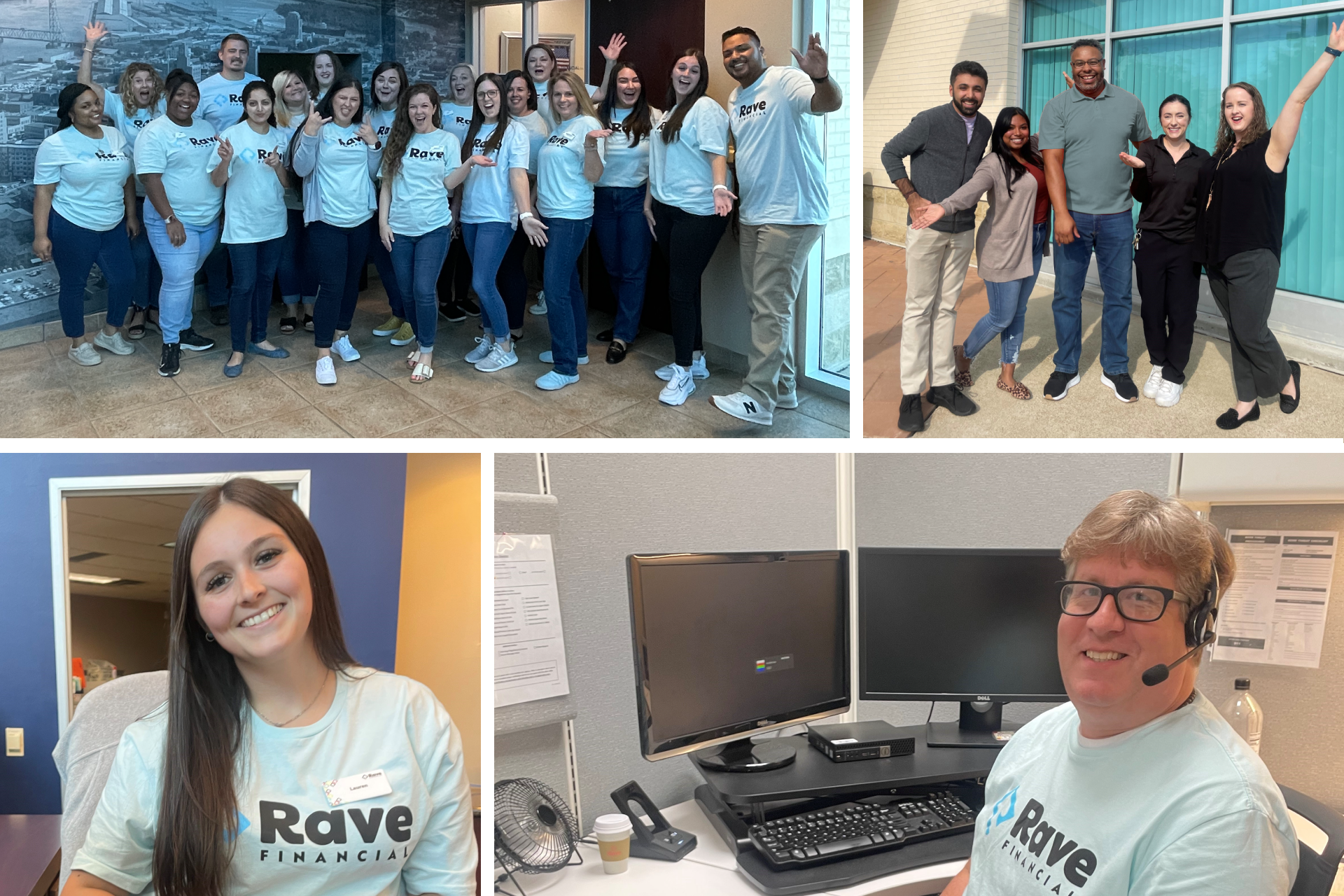 A collage of photos of smiling Rave Financial Employees.
