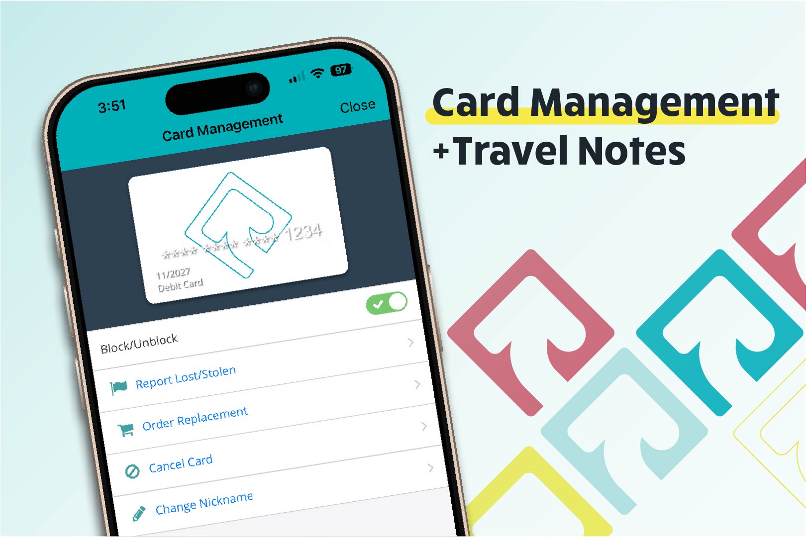 mobile phone against a blue gradient background with colorful pattern