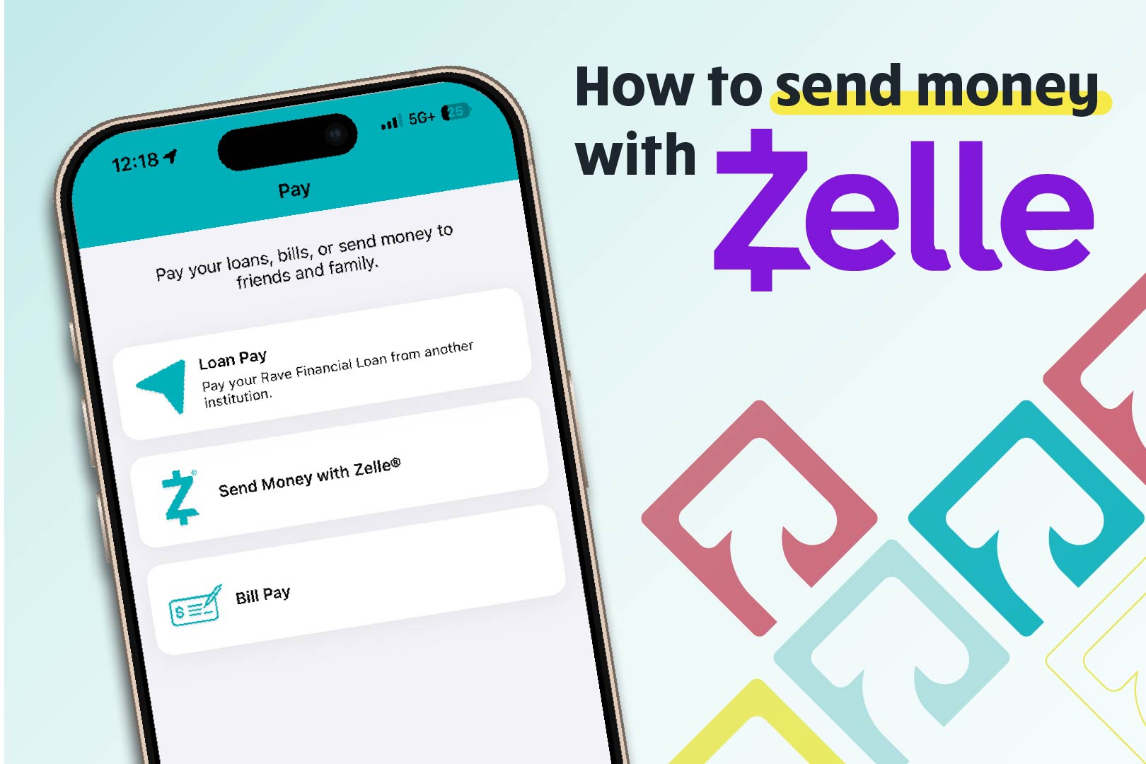 mobile phone against a blue gradient background with colorful pattern