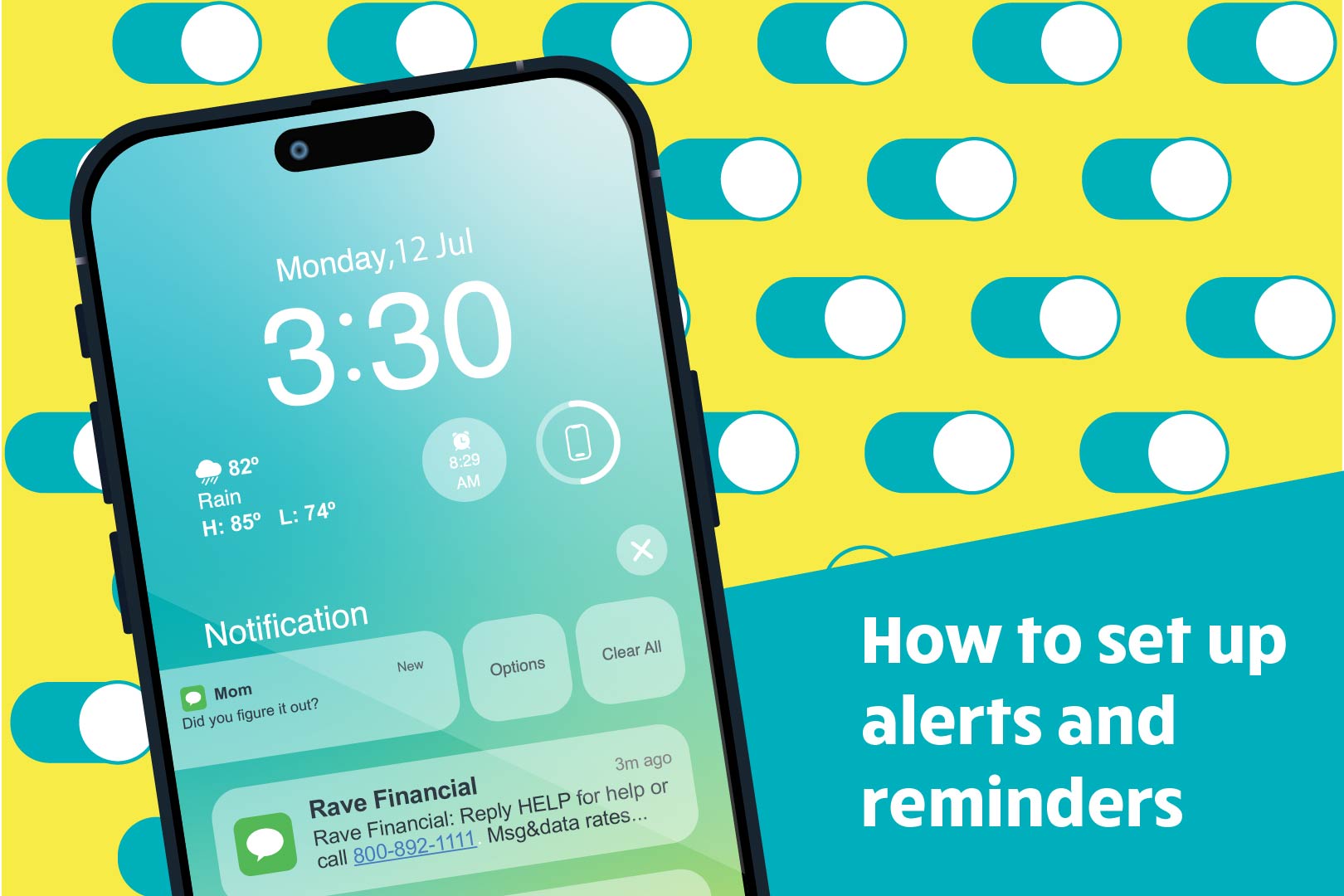 mobile phone against yellow and turquoise patterned background