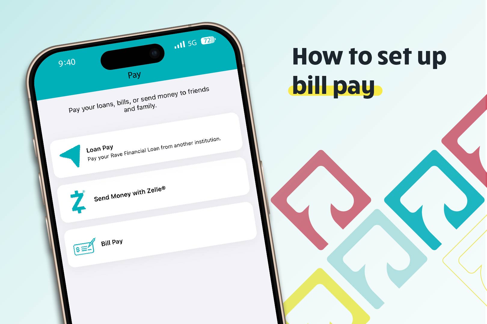 mobile phone against a blue gradient background with colorful pattern