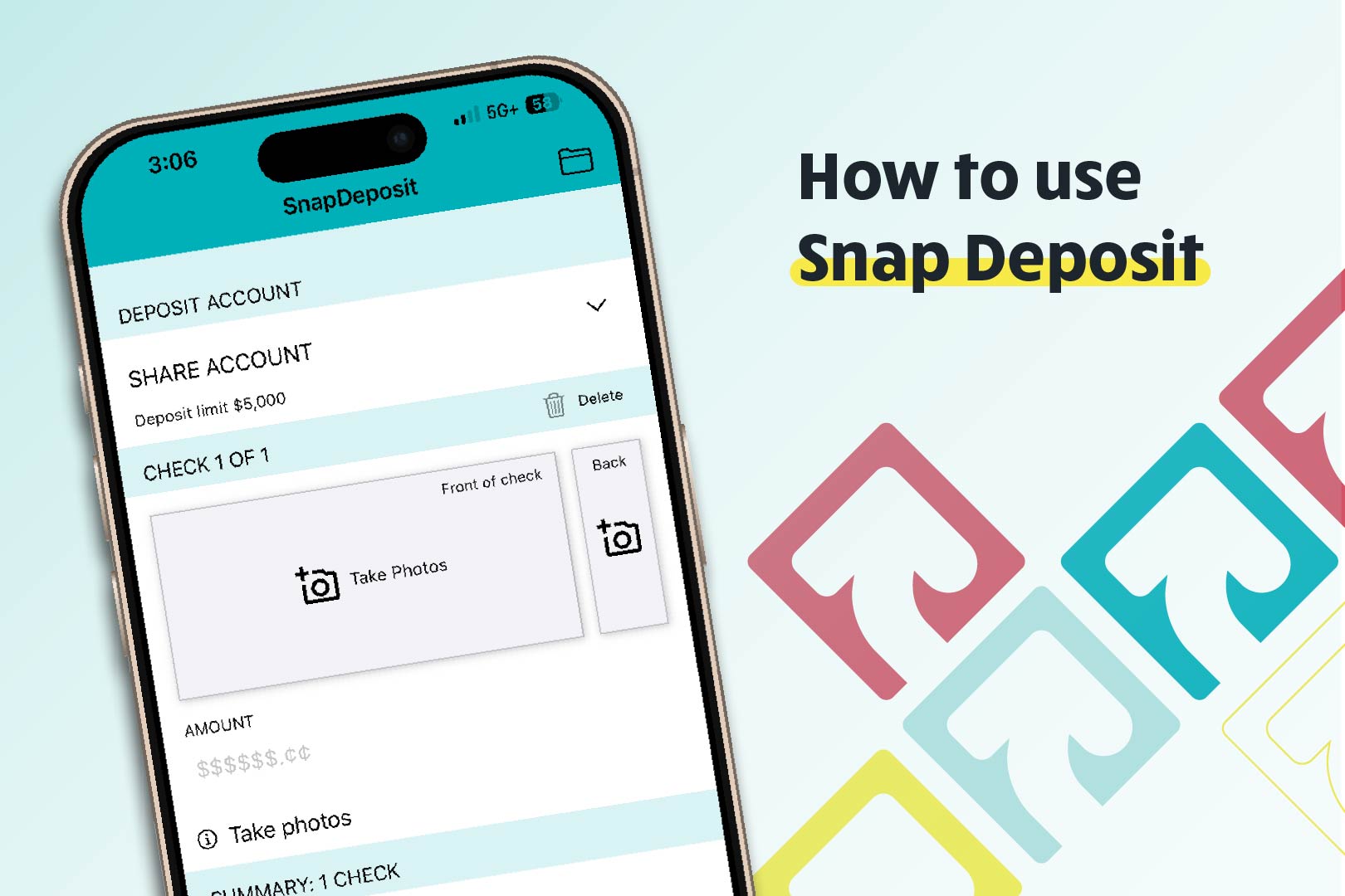 mobile phone against a blue gradient background with colorful pattern