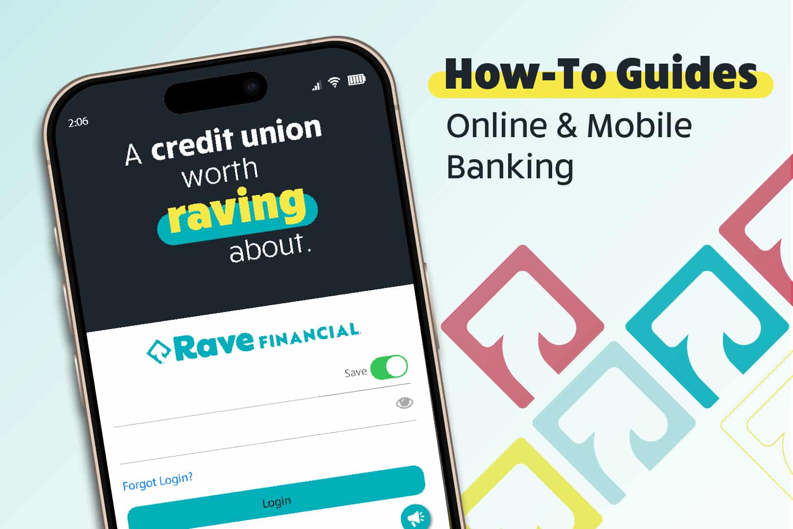 mobile phone against a light blue gradient background with colorful pattern