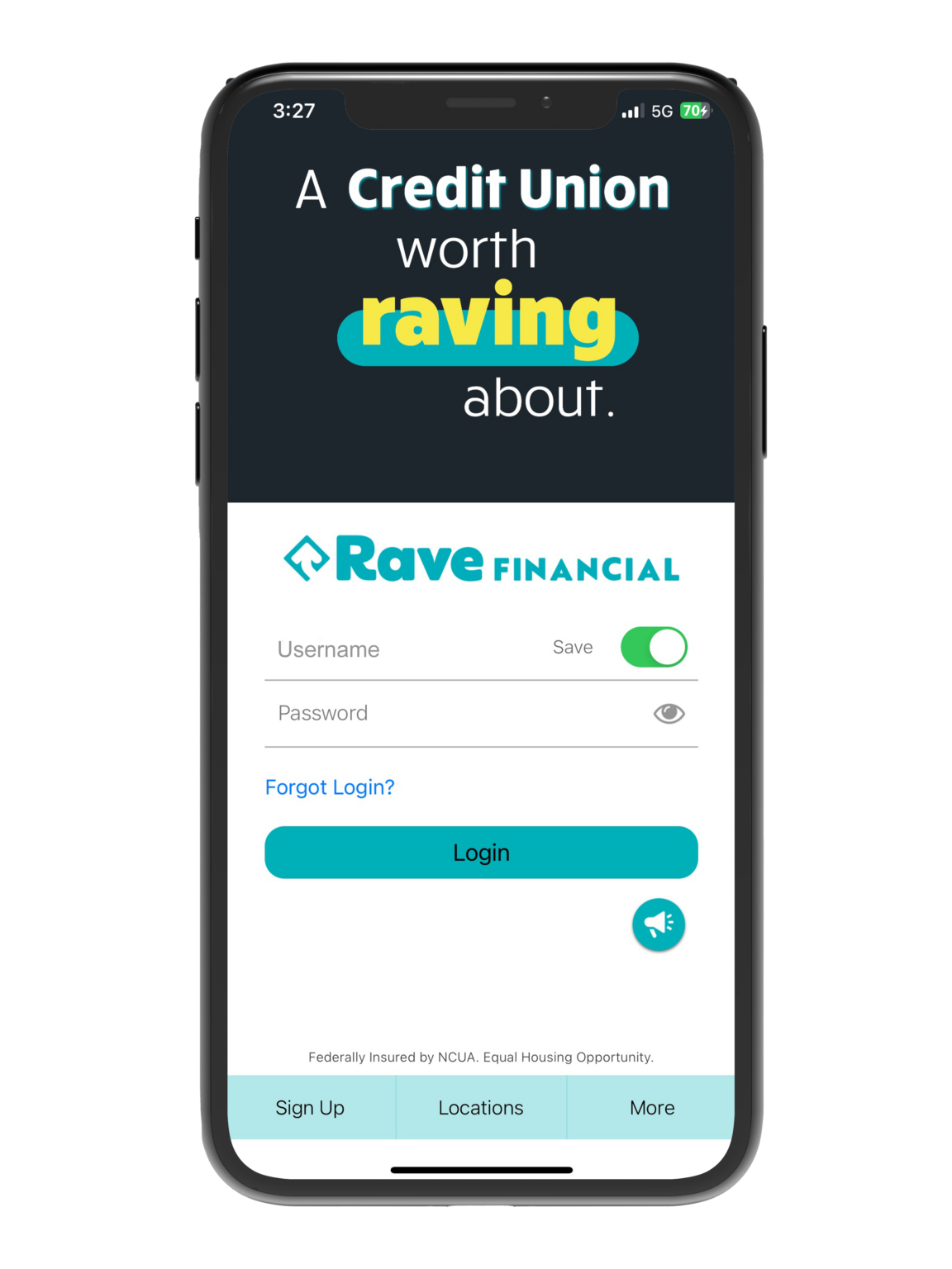 Image of black mobile phone with Rave Mobile Banking Home Screen