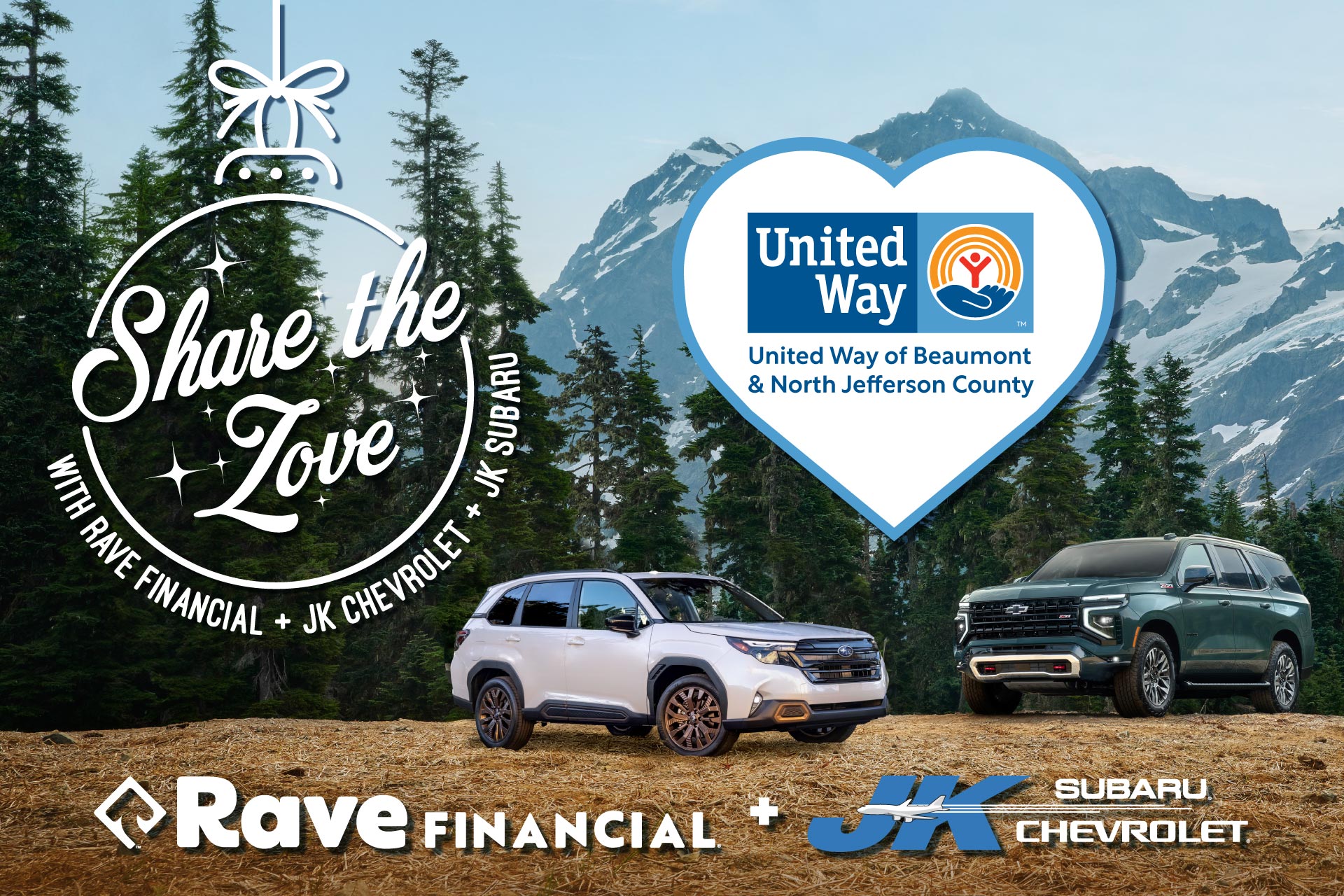 Share the Love with JK Subaru and JK Chevrolet! Up to $750 donated to United Way when you purchase a qualifying vehicle from JK Subaru or JK Chevrolet and finance with Rave Financial!